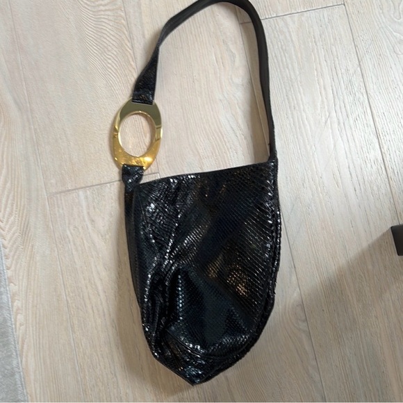 Valentino Garavani Vintage Black Python Snake Shoulder Hobo Bag with Gold Hardwa